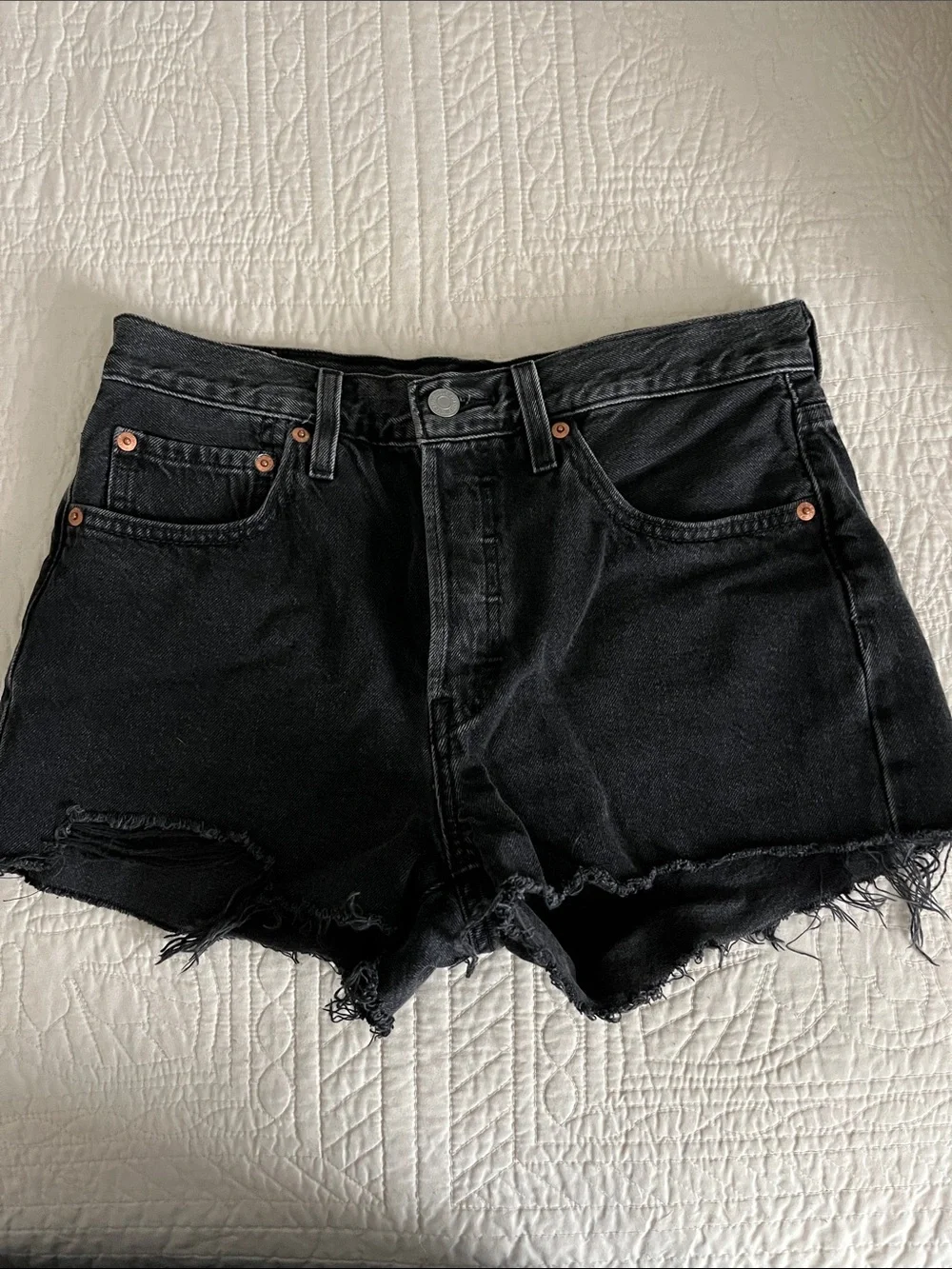 Levi’s 501 Original High Rise Denim Shorts Washed Black Frayed Cutoff Size 27